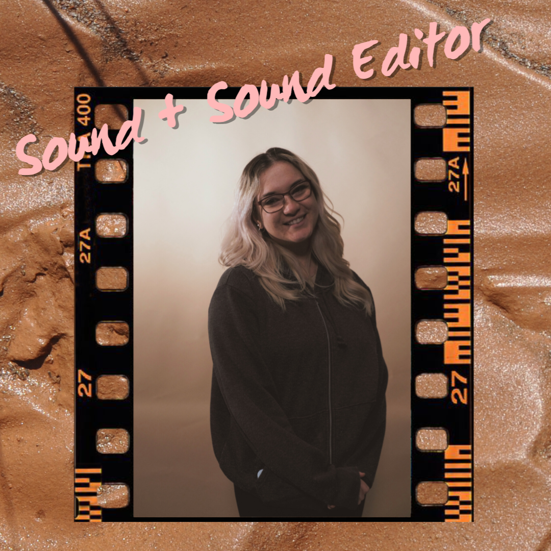 Jasmine McLaughlin, location sound/sound editor. Her picture is on a film strip against a clay background.