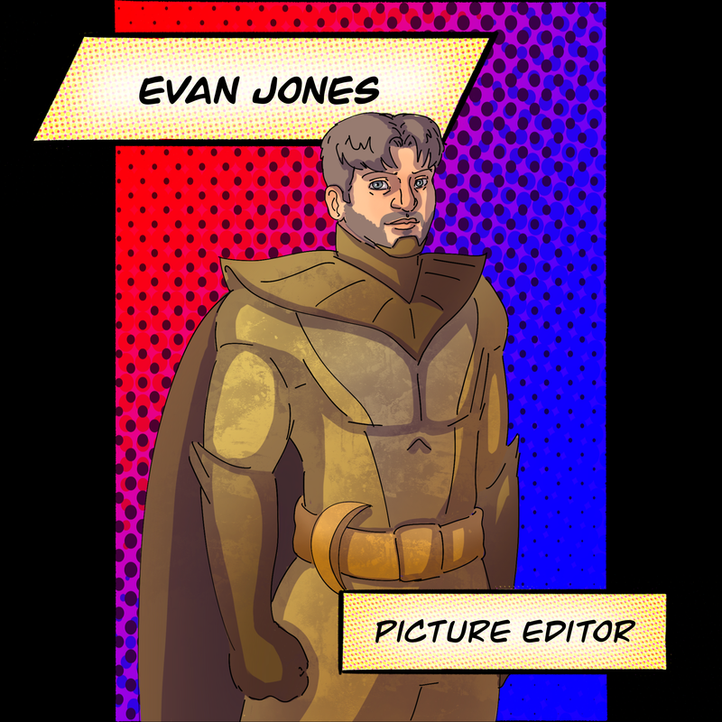 Evan Jones - Picture Editor. Drawn in comic book style, modelled after Nite Owl.