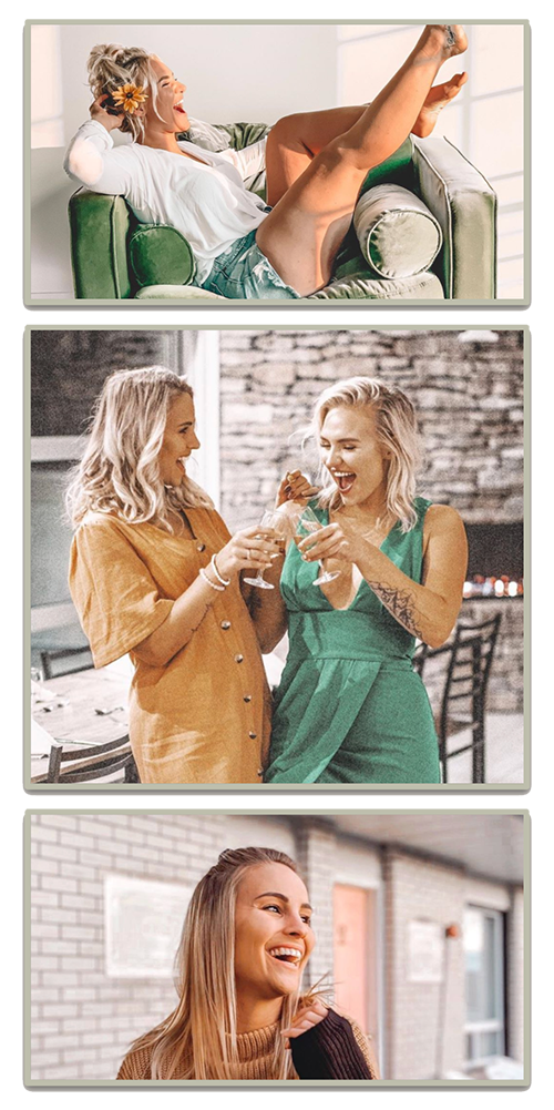 Three seperate pictures. From top to bottom: Mik Zazon is sitting in a green chair, with her legs up in the air and huge smile on her face. She is wearing a sunflower in her hair. In the second photo, Gabby and Mik are wearing dresses, and cheering two glasses of wine. They are looking toward each other, laughing. In the last photo, Gabby is standing outside of a hotel, laughing away from the camera.