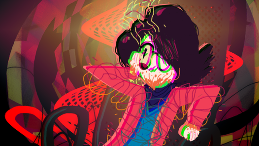 Animation from the documentary of the host of the system, Penny, is seen in a state of dissociation, this is demonstrated through saturated colours surrounding her