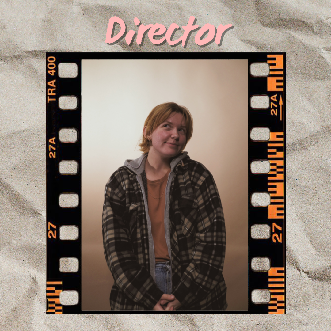 Imogen J Lister, the director, head tilted to the side. Their picture is on a film strip against a paper background.
