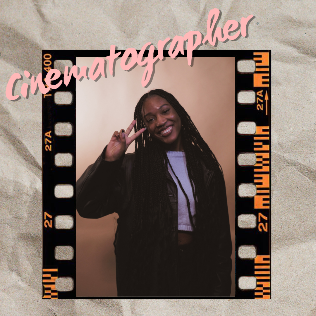 Cheri Greenidge, the cinematographer, giving a peace sign. Her picture is on a film strip against a paper background.