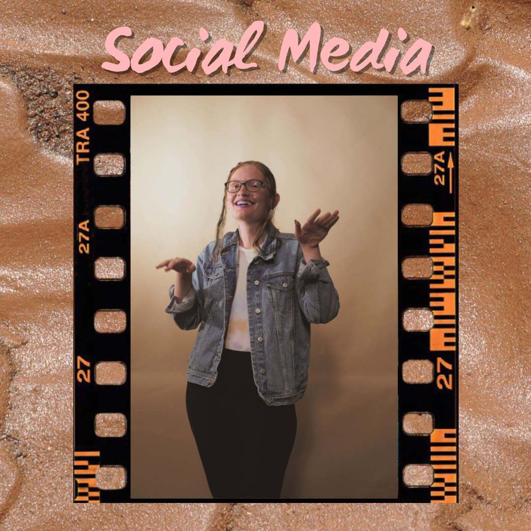 Megan Bradshaw, social media, holding her hands up. Her picture is on a film strip against a clay background.