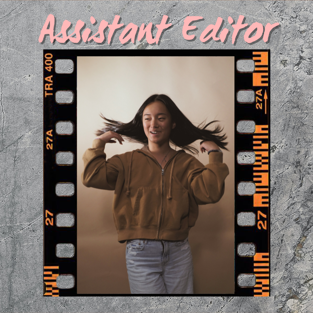 Sage Durrant, the assistant editor, flipping her hair. Her picture is on a film strip against a rock background.