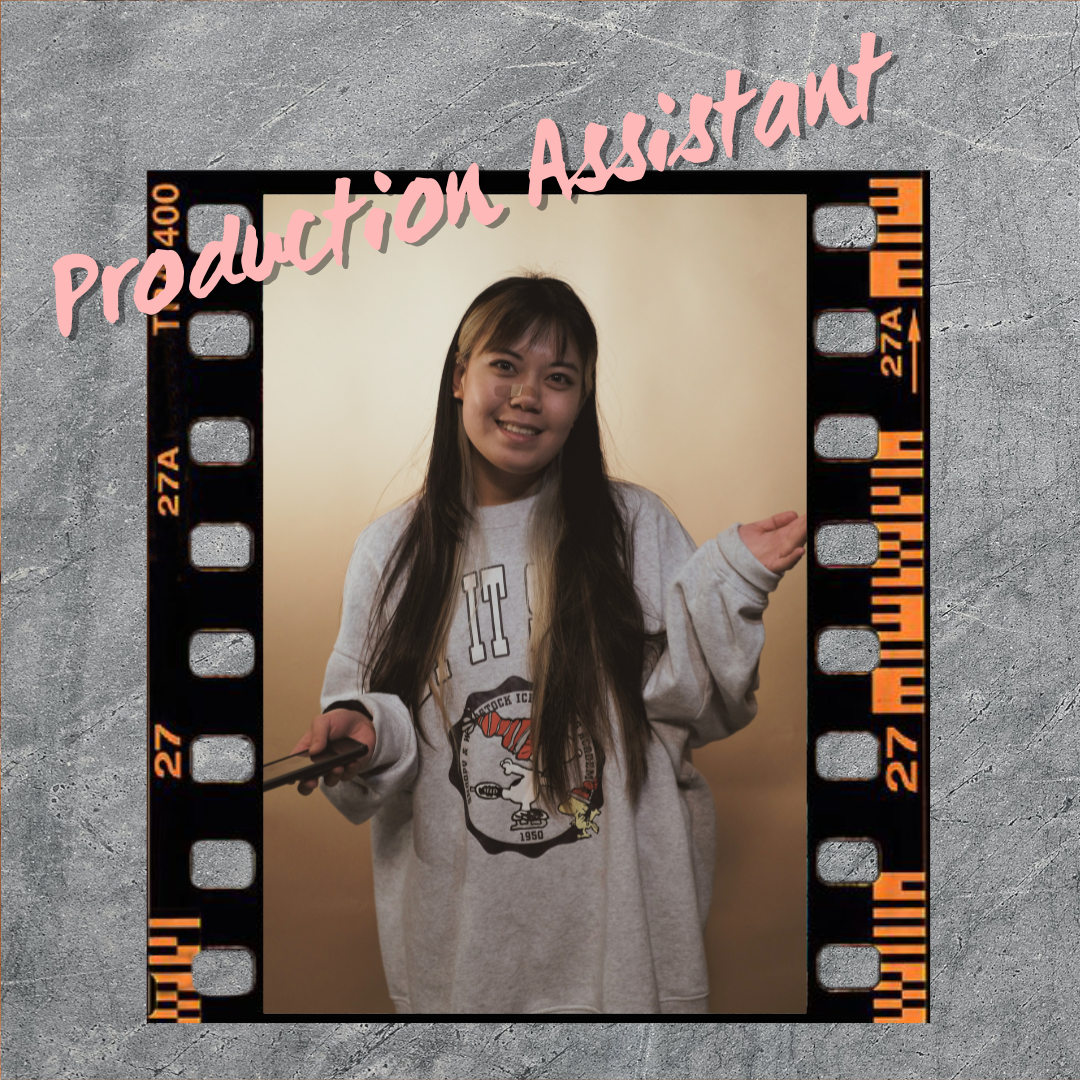 Sabrina Nguyen, a production assistant, holding her hands up. Her picture is on a film strip against a rock background.