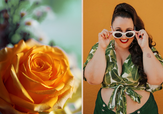 Two pictures. On the left is a close up of a single yellow rose. On the right is Alysee Dalessandro Santiago, standing in front of a bright yellow wall and wearing a green and white crop, tied in a knot at her belly button, green pants, and white vintage styled sunglasses. She is peaking out from her sunglasses and smiling directly at the camera.