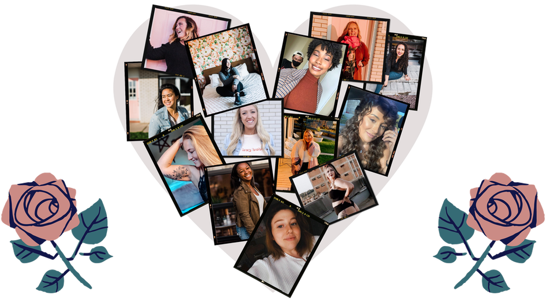 Three pictures. On the left and right side, there is a drawing of a pink rose, with green leaves. In the centre there is a collage of polaroid photos making the shape of a heart. The polarioids show a variety of different women--some being past retreat attendees, and others being women who submitted self love selfies.