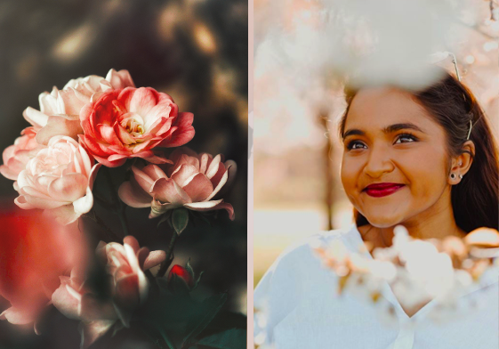 Two images. On the left is a medium shot of flowers with a white and pink tone, and out of focus leaves. On the right is Jenny Jay, wearing white and surrounded by nature, which is also out of focus. She is smiling while wearing a bright red lipstick.
