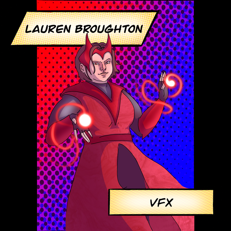 Lauren Broughton - VFX. Drawn in comic book style, modelled after Scarlett Witch.