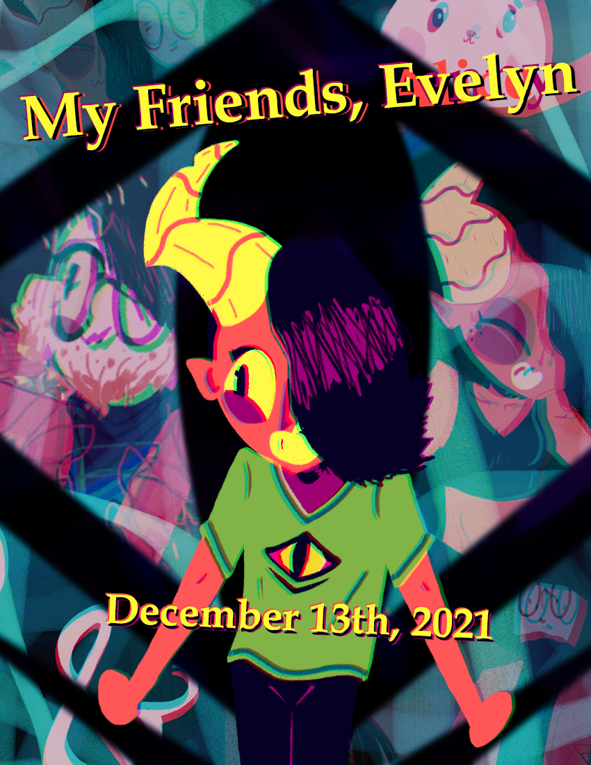multicoloured poster with snippets of the animation placed as the background, the title is at the top 