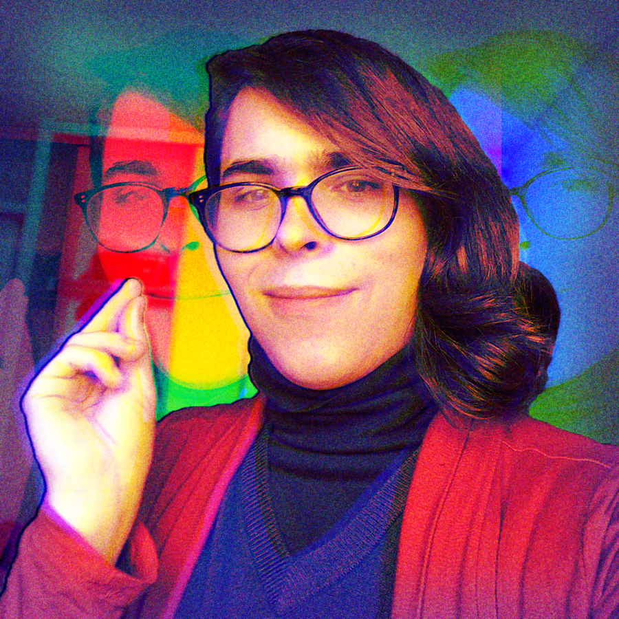 pictured is role of the director, writer, and animator of project, Penelope Poppet. The photo has three layers, one non saturated Penny, then two RGB layers of the same Penny cut out